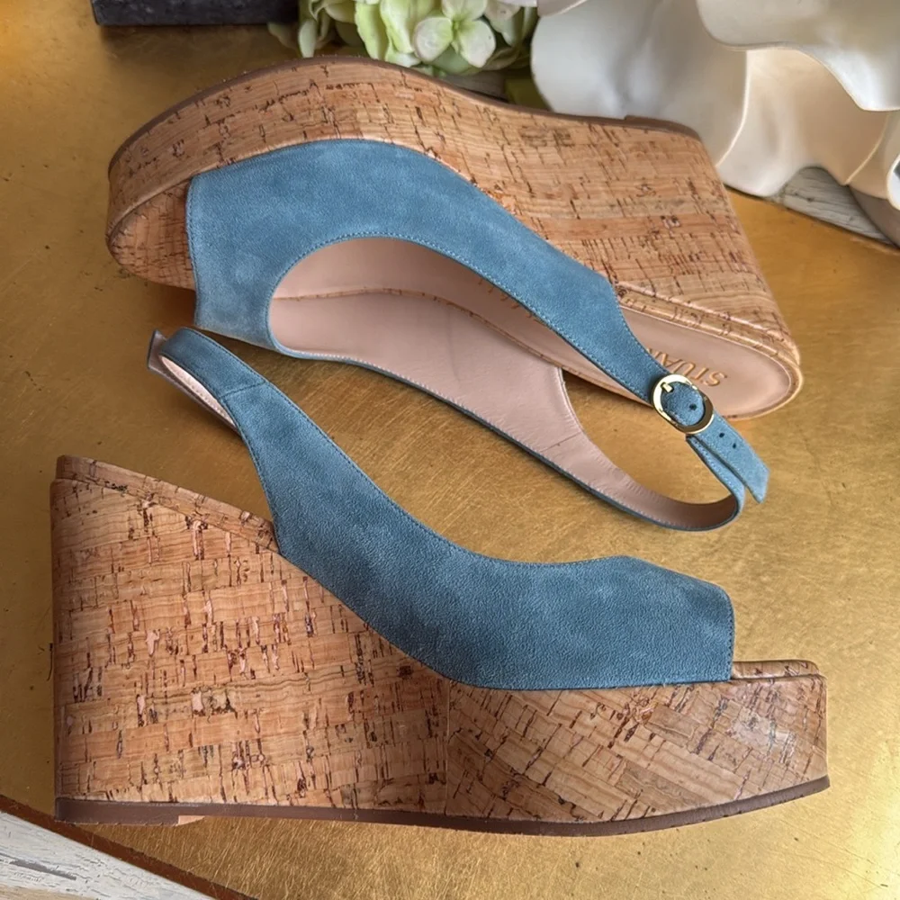 Stuart Weitzman Platform Gloss Cork Wedges in Blue Suede - Picture 3 of 16